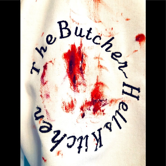 Halloween Bloody butcher chef coat bird spiders bones finger mice apron sz L - Picture 4 of 16